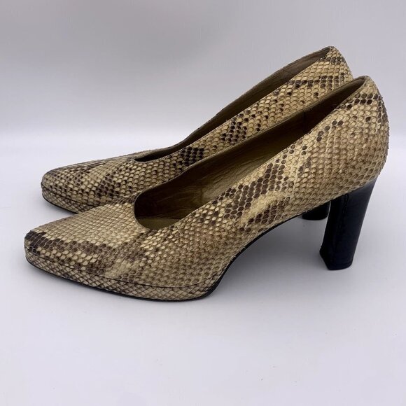 YSL Saint Laurent Beige/Black Python Leather Platform Pumps Block Heel 8 M - Picture 3 of 10
